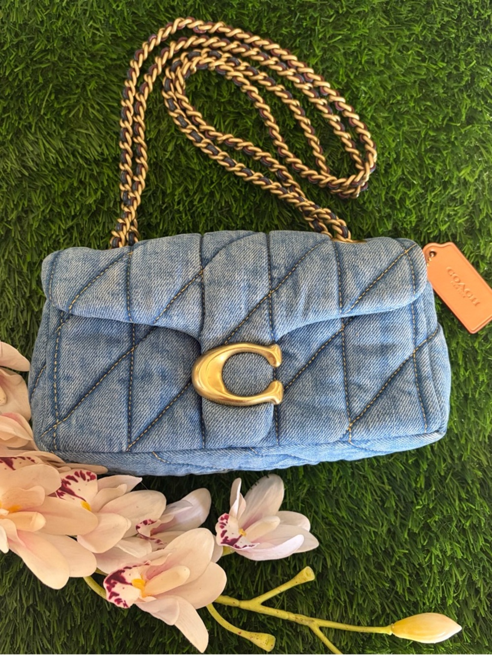 Coach Quilted Blue Denim Shoulder Bag with Gold 'C' Accent